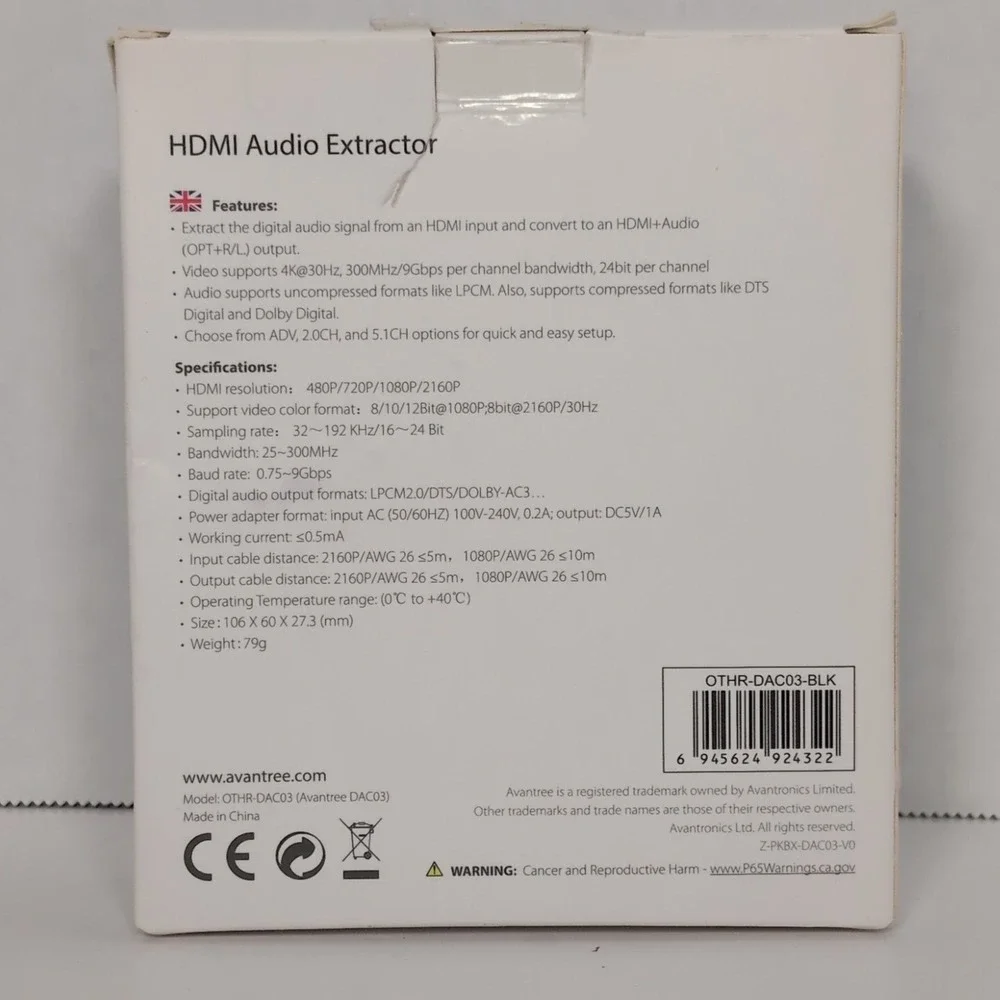 DAC03 HDMI Audio Extractor 1080P 4KUHD DAC03 By Avantree - Picture 4 of 5
